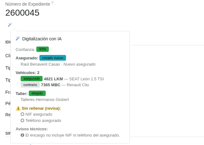 Expediente creado desde el PDF: confianza de la lectura, asegurado dado de alta, vehículos, taller reconocido y lo que falta por revisar