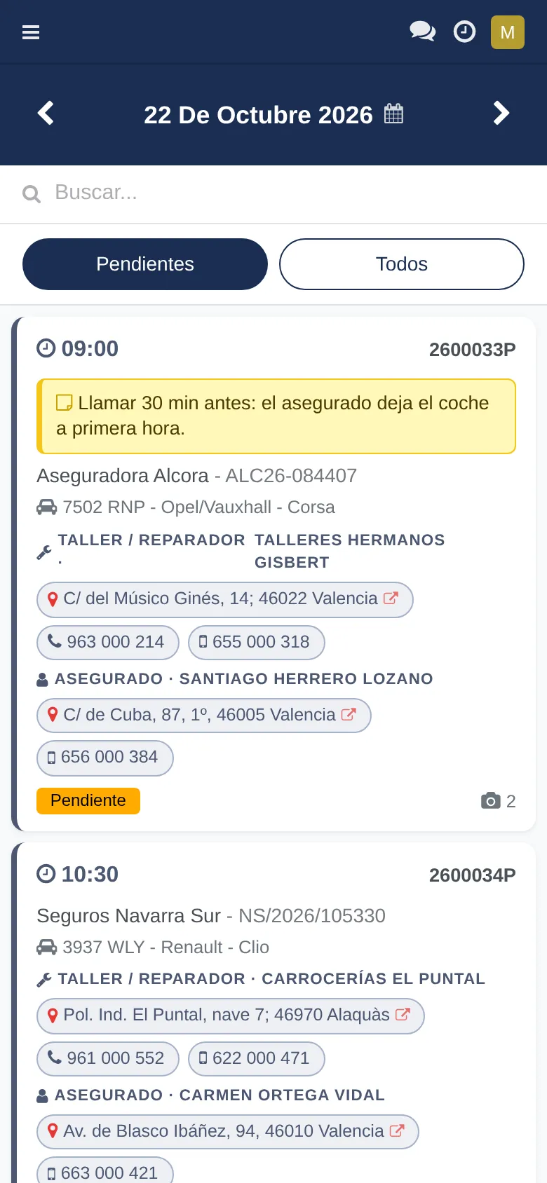 Visitas del día del perito en el móvil, con dirección y botón de cámara
