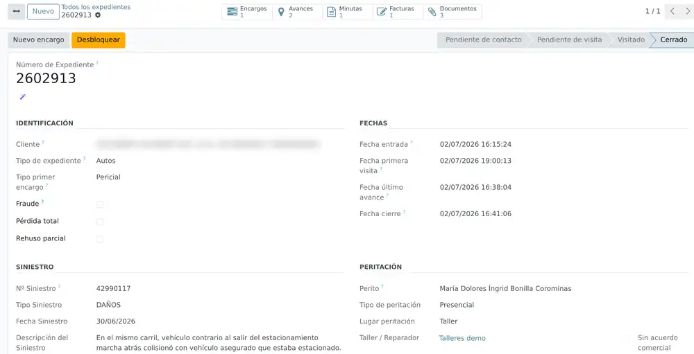 Formulario de expediente en Peridoo: encargos, avances y pestañas recorridas