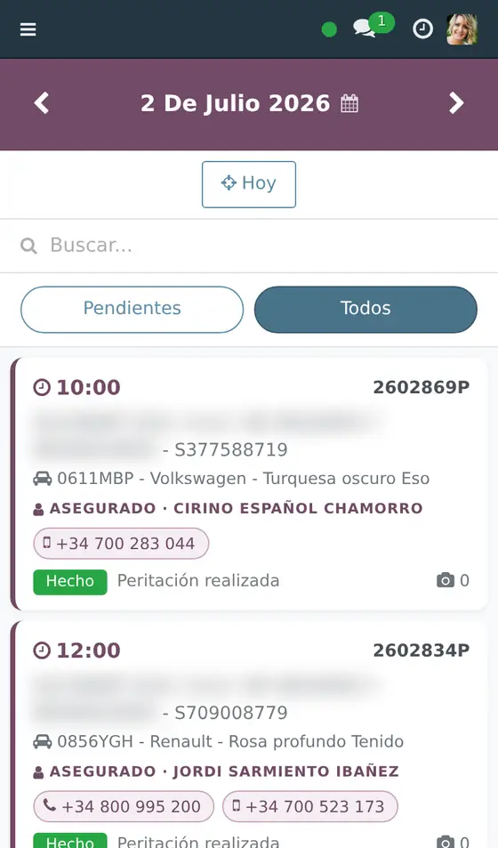 La app del perito en movimiento: agenda del 2 de julio, pulsación sobre una visita y ficha del avance con la foto del daño